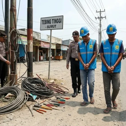 Polisi mengamankan barang bukti kabel listrik dari kasus PLN gadungan di Tebing Tinggi