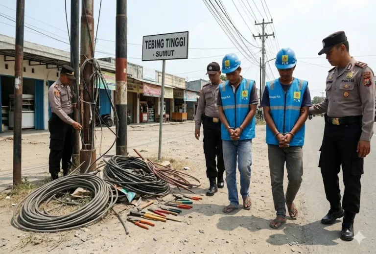 Polisi mengamankan barang bukti kabel listrik dari kasus PLN gadungan di Tebing Tinggi