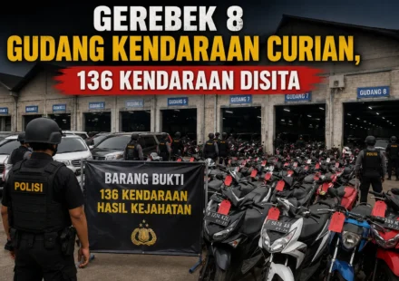 Polisi menggerebek 8 gudang kendaraan curian dan menyita 136 unit kendaraan hasil kejahatan.