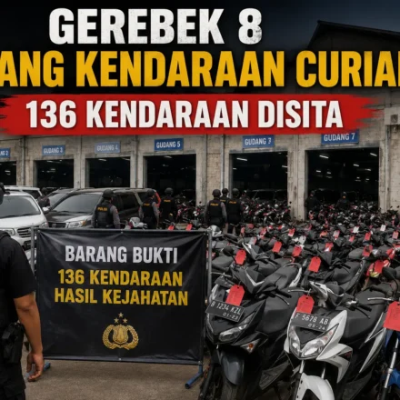 Polisi menggerebek 8 gudang kendaraan curian dan menyita 136 unit kendaraan hasil kejahatan.