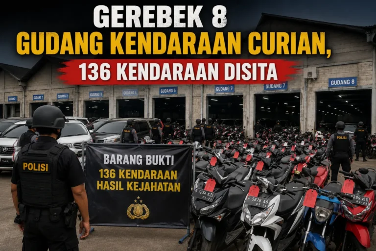 Polisi menggerebek 8 gudang kendaraan curian dan menyita 136 unit kendaraan hasil kejahatan.
