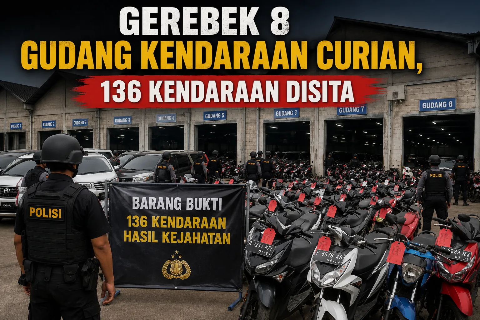 Polisi menggerebek 8 gudang kendaraan curian dan menyita 136 unit kendaraan hasil kejahatan.