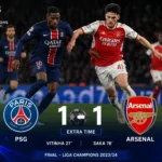 PSG vs Arsenal imbang 1-1 pada final Liga Champions UEFA yang berlanjut ke babak extra time.