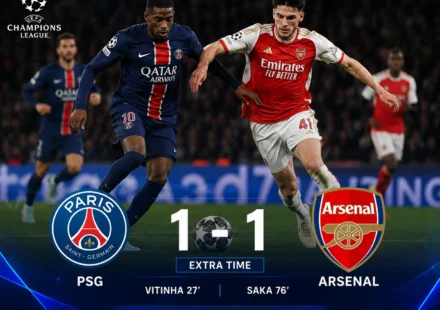 PSG vs Arsenal imbang 1-1 pada final Liga Champions UEFA yang berlanjut ke babak extra time.