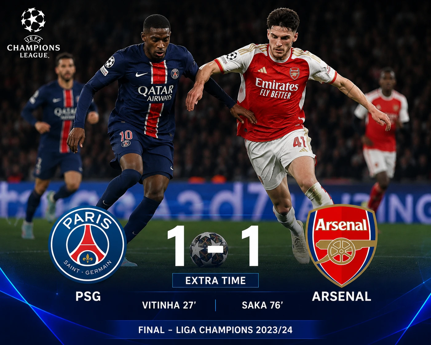 PSG vs Arsenal imbang 1-1 pada final Liga Champions UEFA yang berlanjut ke babak extra time.