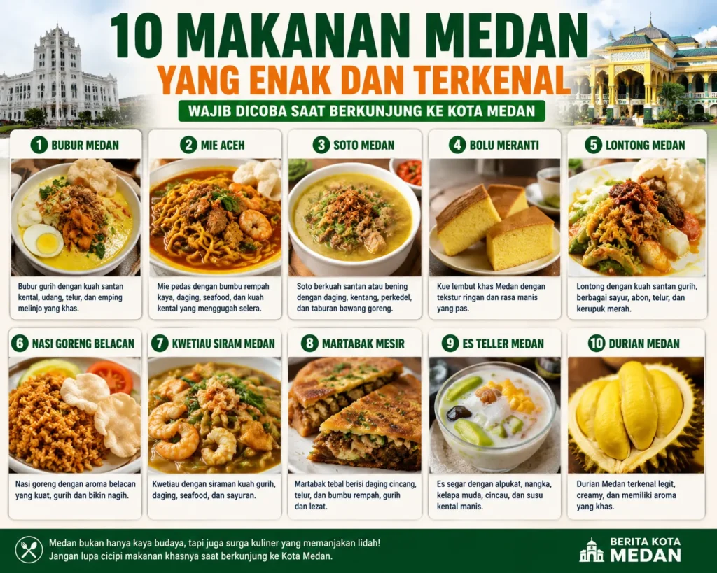 10 makanan khas Medan yang enak dan terkenal seperti Soto Medan, Bika Ambon, Durian Medan, Lontong Medan, dan Mie Aceh yang wajib dicoba wisatawan.