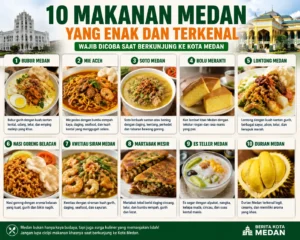 10 makanan khas Medan yang enak dan terkenal seperti Soto Medan, Bika Ambon, Durian Medan, Lontong Medan, dan Mie Aceh yang wajib dicoba wisatawan.