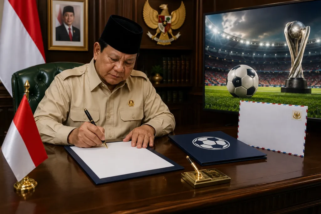 Presiden Prabowo menandatangani surat resmi untuk FIFA terkait pencalonan Indonesia sebagai tuan rumah FIFA ASEAN Cup 2026 di ruang kerja resmi Presiden.