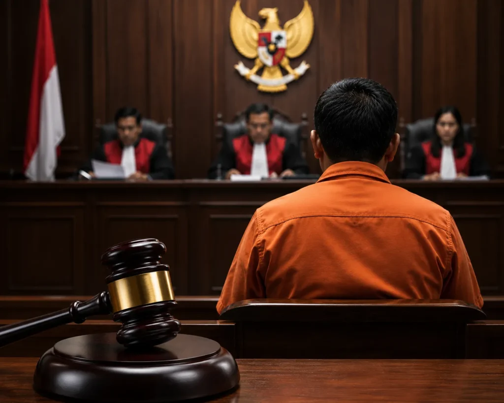 Terdakwa kasus korupsi proyek DJKA Medan menjalani sidang vonis di ruang pengadilan dengan latar majelis hakim dan palu hakim sebagai simbol penegakan hukum.