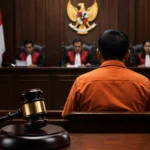 Terdakwa kasus korupsi proyek DJKA Medan menjalani sidang vonis di ruang pengadilan dengan latar majelis hakim dan palu hakim sebagai simbol penegakan hukum.
