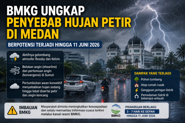 Hujan petir di Medan disertai angin kencang yang diperkirakan masih berpotensi terjadi hingga 11 Juni 2026 menurut BMKG.