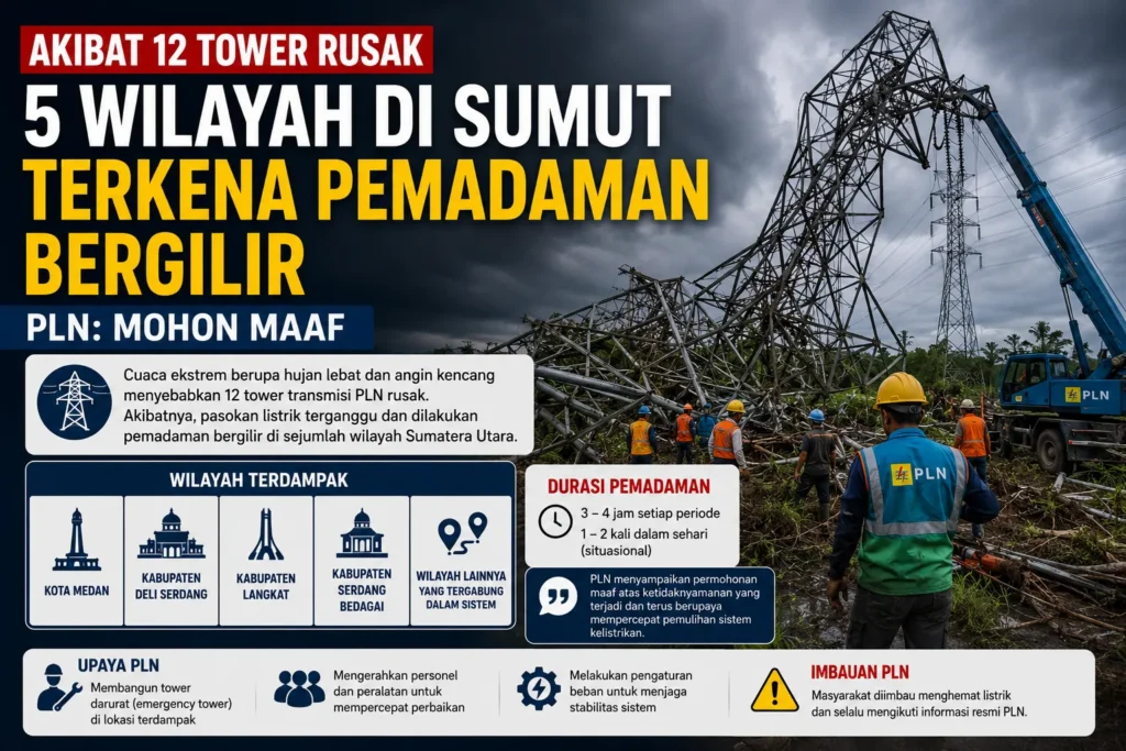 Pemadaman bergilir Sumut akibat 12 tower PLN rusak karena cuaca ekstrem di beberapa wilayah Sumatera Utara.