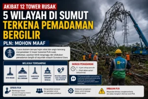 Pemadaman bergilir Sumut akibat 12 tower PLN rusak karena cuaca ekstrem di beberapa wilayah Sumatera Utara.