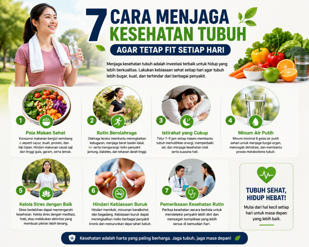 Infografis gaya hidup sehat yang menampilkan pola makan bergizi, olahraga rutin, minum air putih, dan istirahat cukup untuk menjaga kesehatan tubuh.