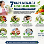 Infografis gaya hidup sehat yang menampilkan pola makan bergizi, olahraga rutin, minum air putih, dan istirahat cukup untuk menjaga kesehatan tubuh.
