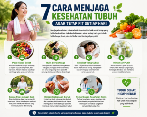 Infografis gaya hidup sehat yang menampilkan pola makan bergizi, olahraga rutin, minum air putih, dan istirahat cukup untuk menjaga kesehatan tubuh.