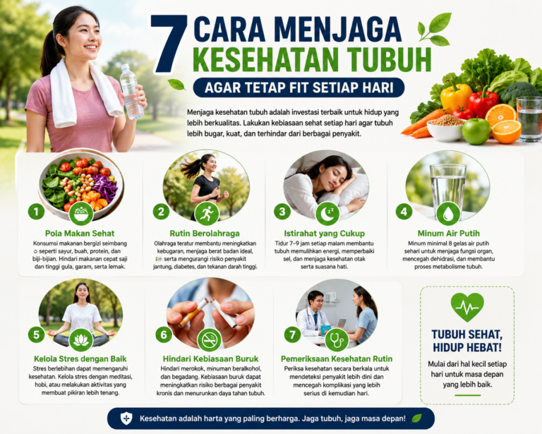 Infografis gaya hidup sehat yang menampilkan pola makan bergizi, olahraga rutin, minum air putih, dan istirahat cukup untuk menjaga kesehatan tubuh.