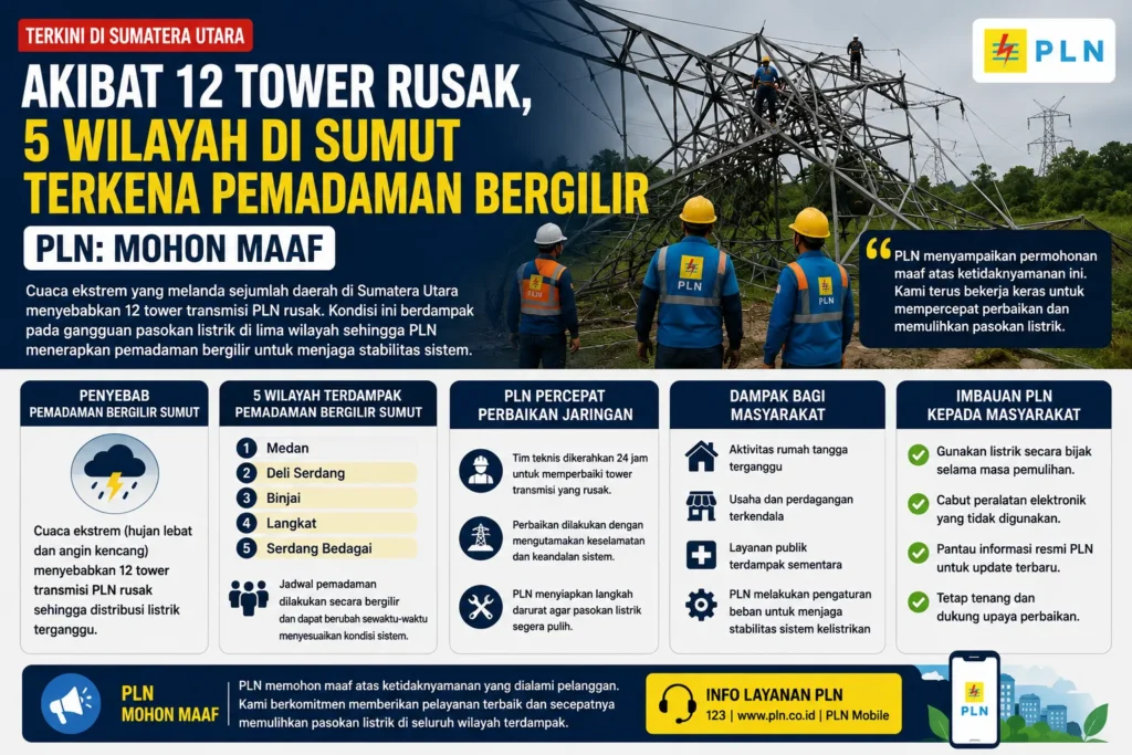 Pemadaman Bergilir Sumut akibat 12 tower transmisi PLN rusak karena cuaca ekstrem yang menyebabkan gangguan listrik di lima wilayah Sumatera Utara.