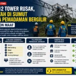 Pemadaman Bergilir Sumut akibat 12 tower transmisi PLN rusak karena cuaca ekstrem yang menyebabkan gangguan listrik di lima wilayah Sumatera Utara.