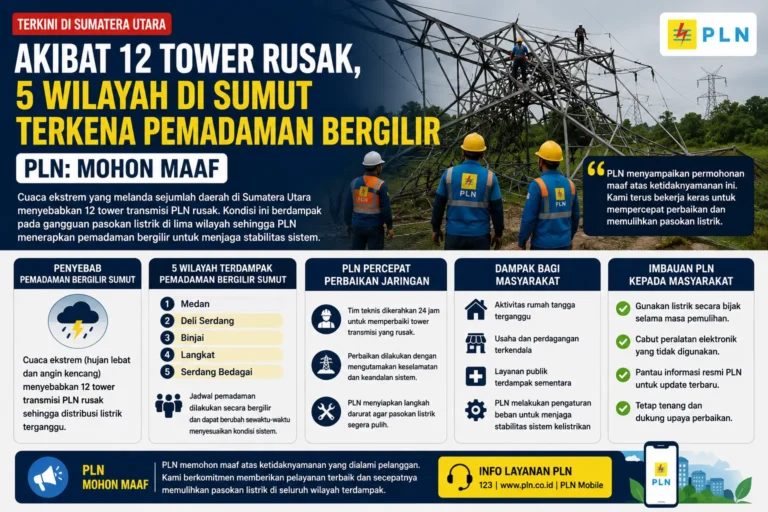 Pemadaman Bergilir Sumut akibat 12 tower transmisi PLN rusak karena cuaca ekstrem yang menyebabkan gangguan listrik di lima wilayah Sumatera Utara.
