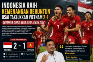 Pemain Timnas Indonesia merayakan kemenangan 2-1 atas Vietnam dalam pertandingan internasional yang berlangsung sengit dan mendapat apresiasi dari Gubernur Sumatera Utara.