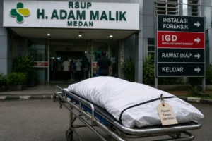 Petugas membawa jenazah pasien tanpa identitas di RSUP Haji Adam Malik Medan.