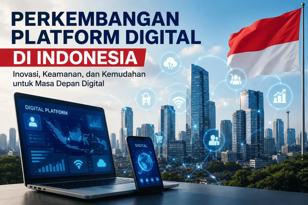 Ilustrasi perkembangan platform digital di Indonesia yang didukung inovasi teknologi, keamanan siber, dan infrastruktur digital.