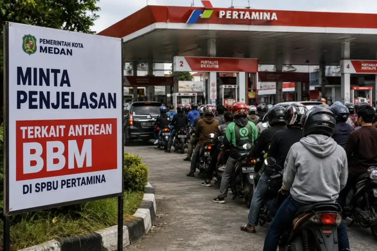 Antrean kendaraan di SPBU Pertamina Medan saat Pemkot Medan meminta penjelasan terkait distribusi BBM.