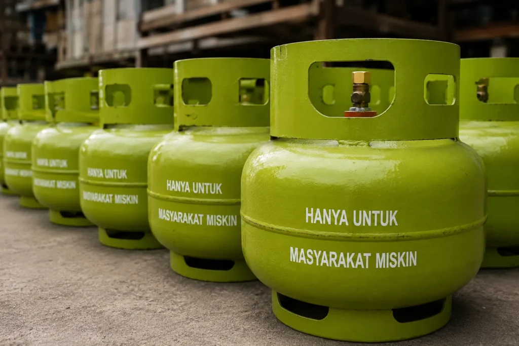 Tabung LPG 3 Kg bersubsidi hijau di pangkalan resmi Kota Medan Juli 2026