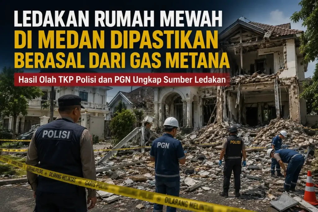 Ledakan rumah mewah di Kompleks Grand Polonia Medan diduga dipicu gas metana berdasarkan hasil olah TKP polisi dan PGN.